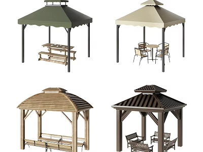 Various Outdoor Gazebos And Pavilions With Tables And Chairs For Garden Use 3d model