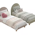 Two Single Beds With Arched Headboards Soft Colored Striped Sheets And Decorative Pillows 3d model