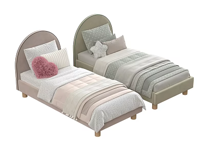 Two Single Beds With Arched Headboards Soft Colored Striped Sheets And Decorative Pillows 3d model