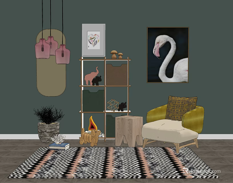 Stylish Green Beige Armchair with Flamingo Art Pink Pendant Lights and Geometric Rug 3d model 