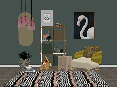 Stylish Green Beige Armchair with Flamingo Art Pink Pendant Lights and Geometric Rug 3d model