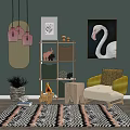 Stylish Green Beige Armchair with Flamingo Art Pink Pendant Lights and Geometric Rug