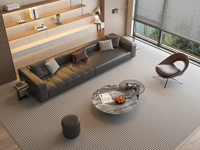 Modern Leather Sofa Coffee Table Set With Marble Top Accent Chair And Wooden Shelves 3d model