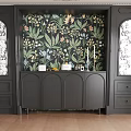 Modern Black Sideboard With Floral Wallpaper And Decorative Candles In Dining Room