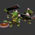 Green Creatures Wearing White Pointed Hats Wielding Large Blades And Shields In Battle Pose