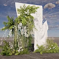Floral Decor Installation With White Drapery Green Foliage And Hanging White Flowers For Event Backdrop