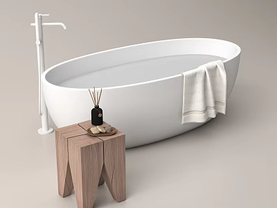 White Oval Bathtub With Floor Mounted Faucet Wooden Stool Aromatherapy Bottle Shells And Towel 3d model