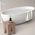 White Oval Bathtub With Floor Mounted Faucet Wooden Stool Aromatherapy Bottle Shells And Towel
