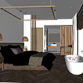 Hotel Guest Room Featuring Canopy Bed White Bedding Indoor Plants Wooden Flooring And Freestanding Bathtub