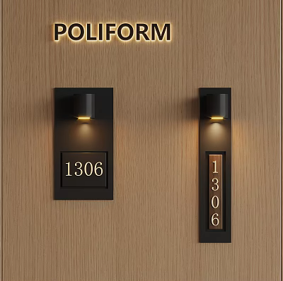 Poliform Logo With Modern Door Number Lights On Wood Panel 3d model