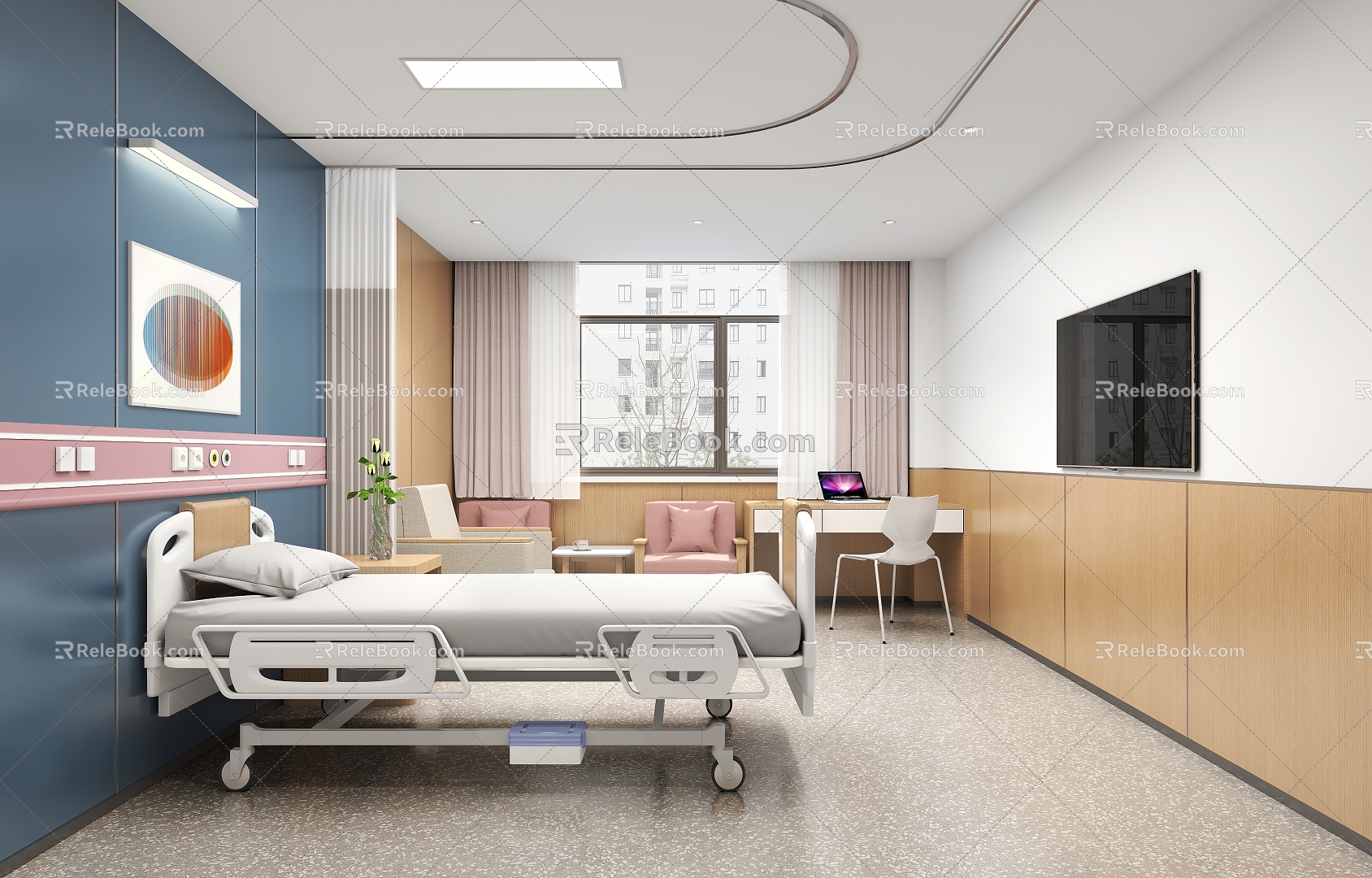 Hospital VIP Ward VIP Single Ward Bed Accompanying Sofa Office Desk and Chair Leisure Sofa 3d model