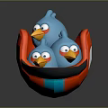 Three Blue Bird Dolls in Red and Blue Nest with Big Eyes Yellow Beaks