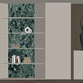 Modern Open Shelf Bookcase Interior With Green Marble Backdrop And Decorative Sculpture