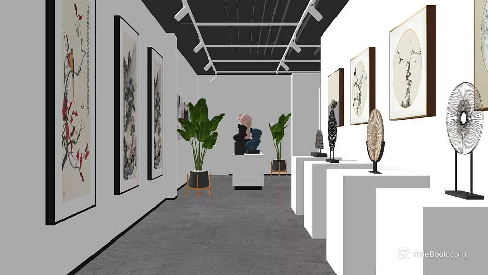 Art Gallery Exhibition Interior With Paintings Sculptures And Green Plants 3d model 