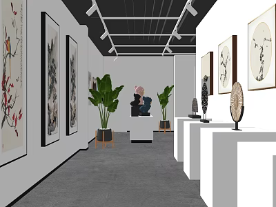 Art Gallery Exhibition Interior With Paintings Sculptures And Green Plants 3d model