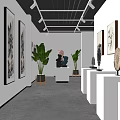 Art Gallery Exhibition Interior With Paintings Sculptures And Green Plants