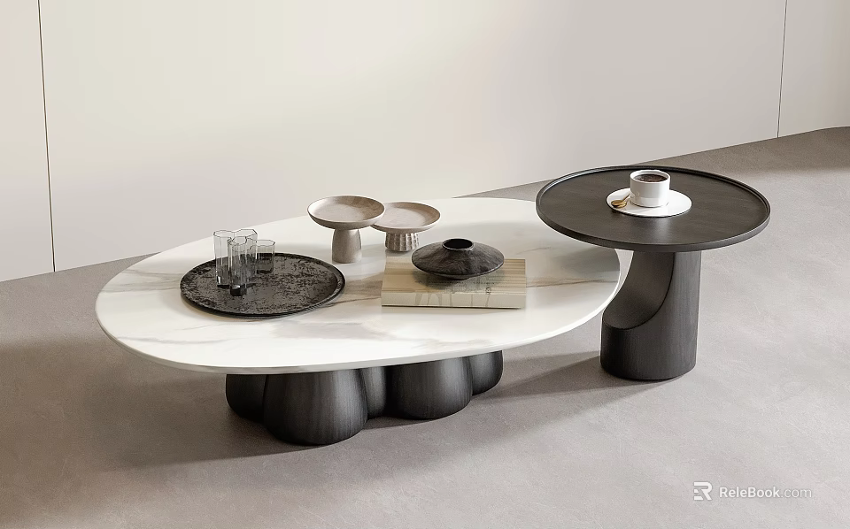 Modern Marble Coffee Table With Black Base Tray Glass Small Plate And Book 3d model 