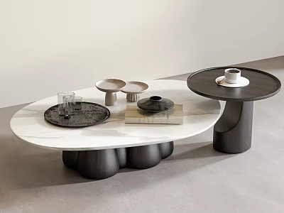 Modern Marble Coffee Table With Black Base Tray Glass Small Plate And Book 3d model