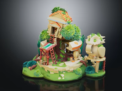 Cartoon Style Treehouse Scene With Green Plants Ladder And Small Structures 3d model