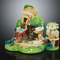 Cartoon Style Treehouse Scene With Green Plants Ladder And Small Structures