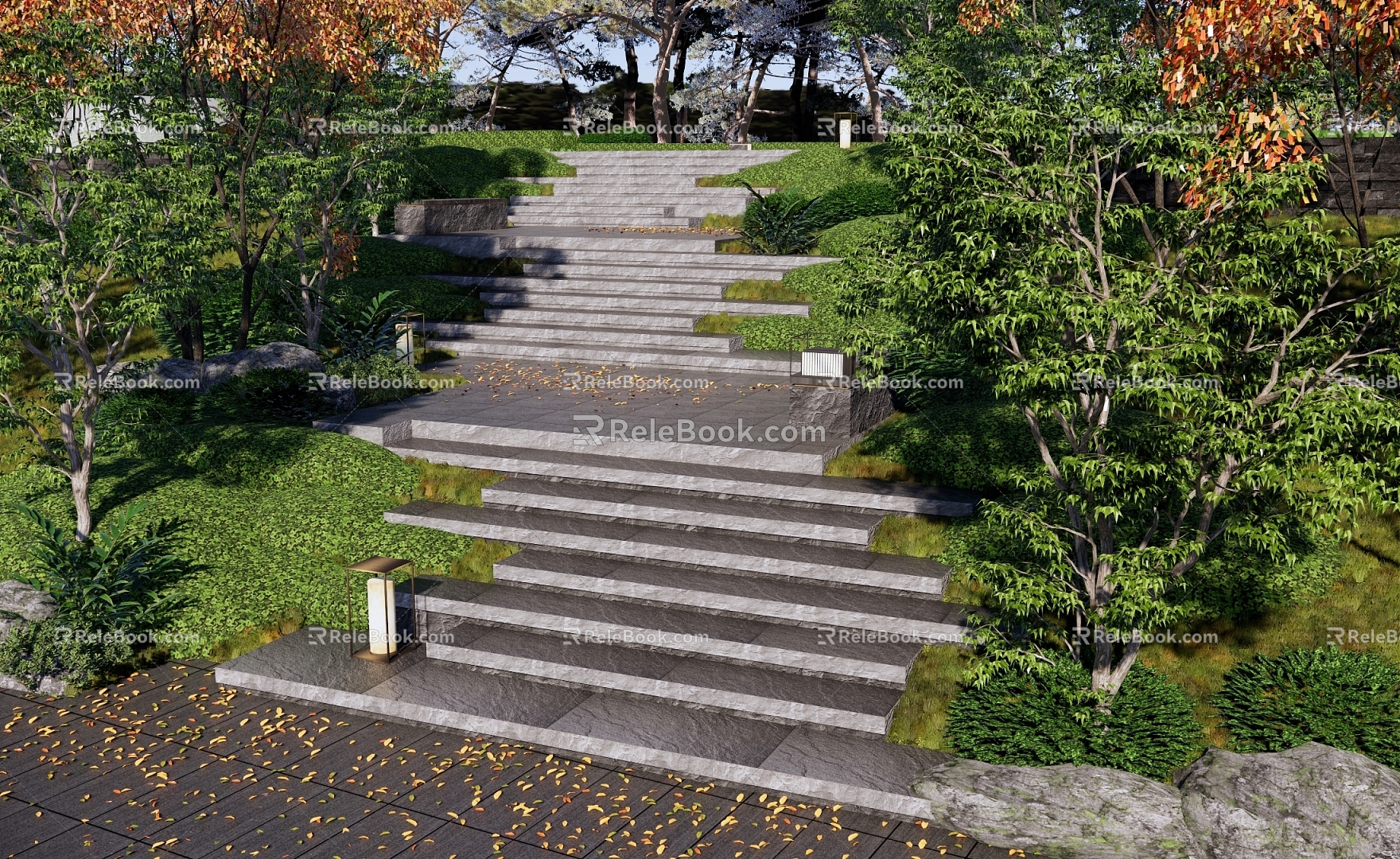 New Chinese Style Steps Landscape Platform Park Landscape Park High Difference Steps Mountaineering Trail Plant Group Landscape Stone Stairs 3d model