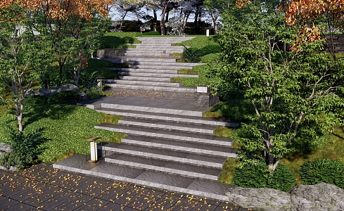 New Chinese Style Steps Landscape Platform Park Landscape Park High Difference Steps Mountaineering Trail Plant Group Landscape Stone Stairs 3d model