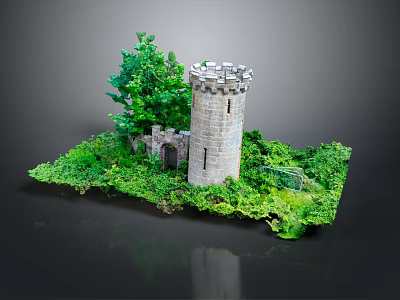 Medieval Stone Tower Model With Lush Green Vegetation And Stone Archway Details 3d model