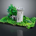 Medieval Stone Tower Model With Lush Green Vegetation And Stone Archway Details