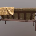 Brown Fabric Multi Seater Sofa With Wooden Armrests Decorative Pillow And Yellow Patterned Blanket