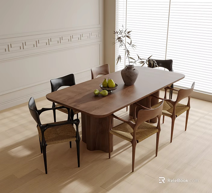 Wooden Dining Table With Six Chairs Woven Details And Fruits In Dining Room 3d model 