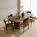 Wooden Dining Table With Six Chairs Woven Details And Fruits In Dining Room