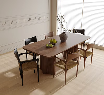 Wooden Dining Table With Six Chairs Woven Details And Fruits In Dining Room 3d model