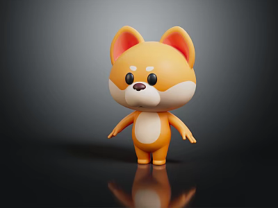 Cute Cartoon Dog Character 3D Model With Yellow White Fur Standing On Black Surface Reflection 3d model