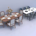 Wooden Rectangular And White Dining Table Chair Sets With Decorative Flowers And Tableware 3d model