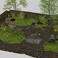 Garden Courtyard Landscape With Stone Walls Trees Green Grass Stones And Lanterns