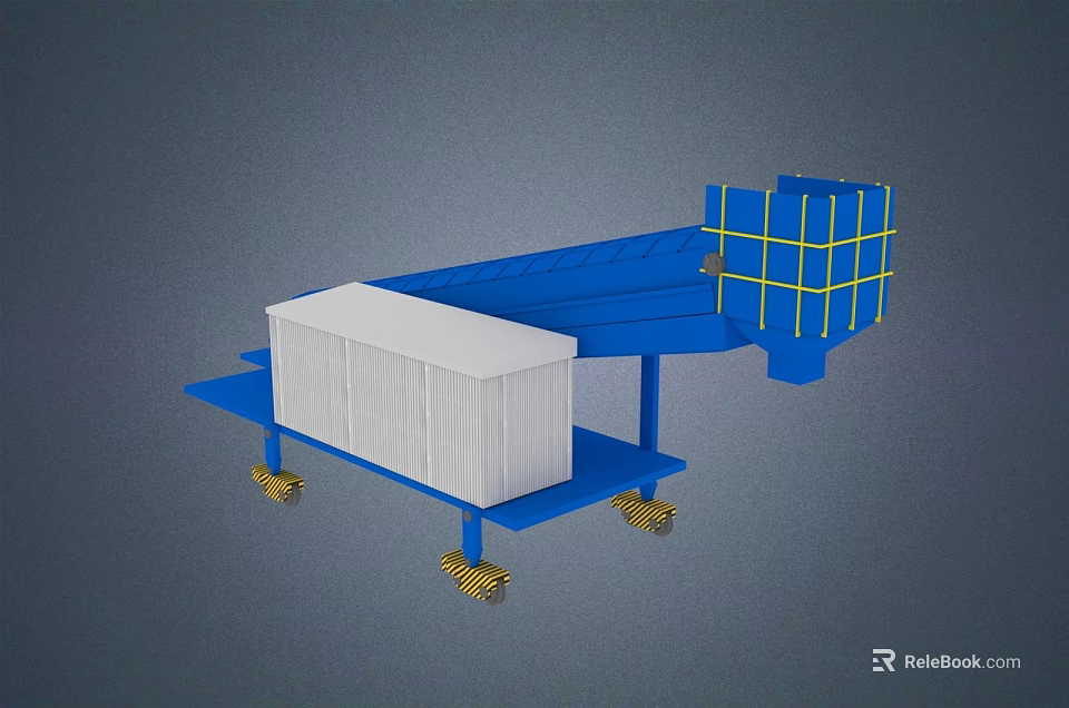 Blue Industrial Conveyor Equipment System With Yellow Wheels White Cargo And Grille Structure 3d model 