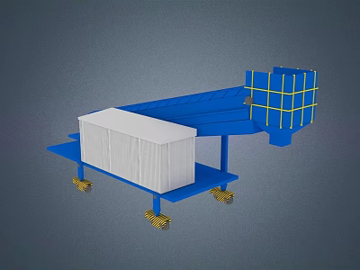 Blue Industrial Conveyor Equipment System With Yellow Wheels White Cargo And Grille Structure 3d model