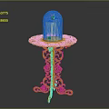 Yellow Carved Accent Table with Transparent Glass Cover and Pink Flower