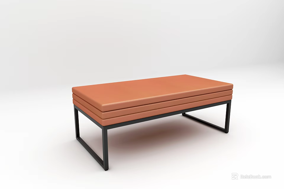 Modern Upholstered Sofa Bench With Orange Cushion And Black Metal Legs 3d model 