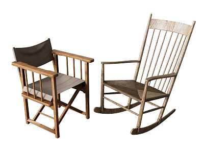 Wooden Frame Leisure Chairs Folding And Rocking Design With Black Cushion Vertical Slat Backrest 3d model