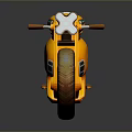 Orange and Yellow Futuristic Motorcycle Featuring Blue Headlight Red Seat and Stylish Mechanical Wheels