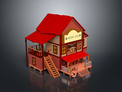 Traditional Chinese Style Two Story Building With Red Roof Wooden Balcony And Staircase 3d model