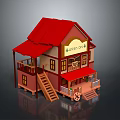 Traditional Chinese Style Two Story Building With Red Roof Wooden Balcony And Staircase
