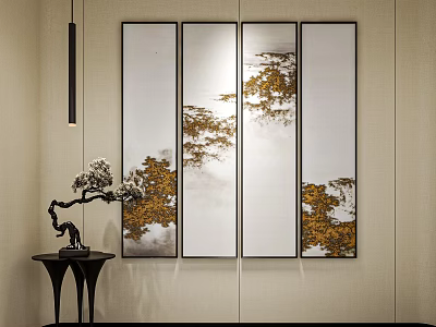 New Chinese Decorative Painting Zen Hanging Painting Pine Tree New Chinese Vertical Hanging Painting High-end Art Hanging Painting Quadruple Painting 3d model