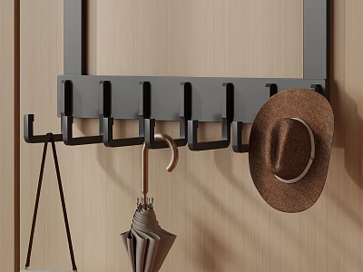 Wall Mounted Hook Rack With Brown Hat And Folded Umbrella On Wooden Wall 3d model