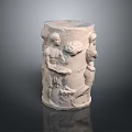 Artistic Cylindrical Sculpture Carving Featuring Detailed Human Figures And Classic Patterns