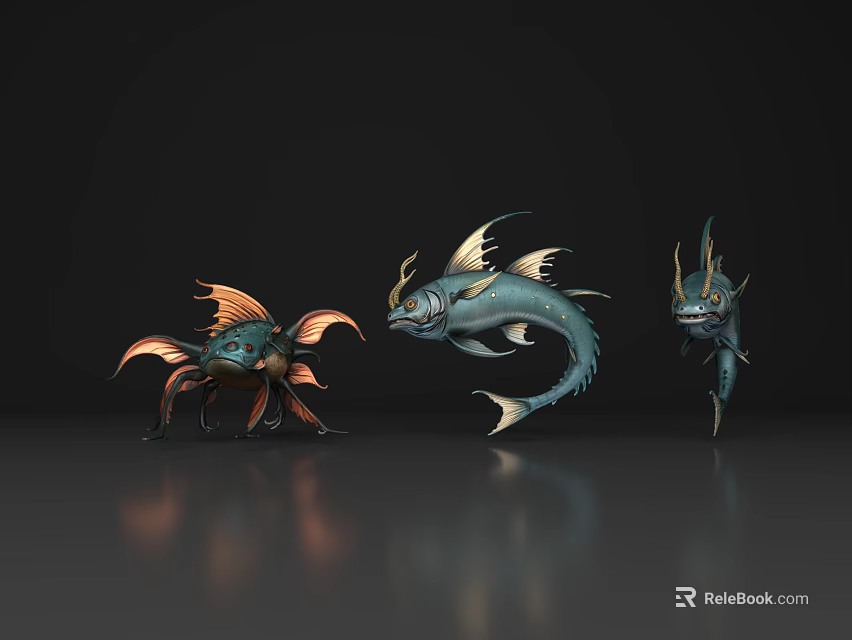 3D Rendered Fantasy Aquatic Animals With Colorful Fins Horns And Unique Traits 3d model 