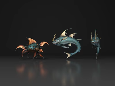 3D Rendered Fantasy Aquatic Animals With Colorful Fins Horns And Unique Traits 3d model