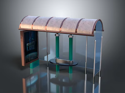 Modern Bus Shelter Design Featuring Arched Roof Green Pillars Transparent Panels Information Display And Bench 3d model