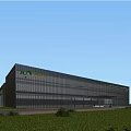 Modern Industrial Plant With Glass Curtain Wall Company Logo Parking Lot And Green Lawn